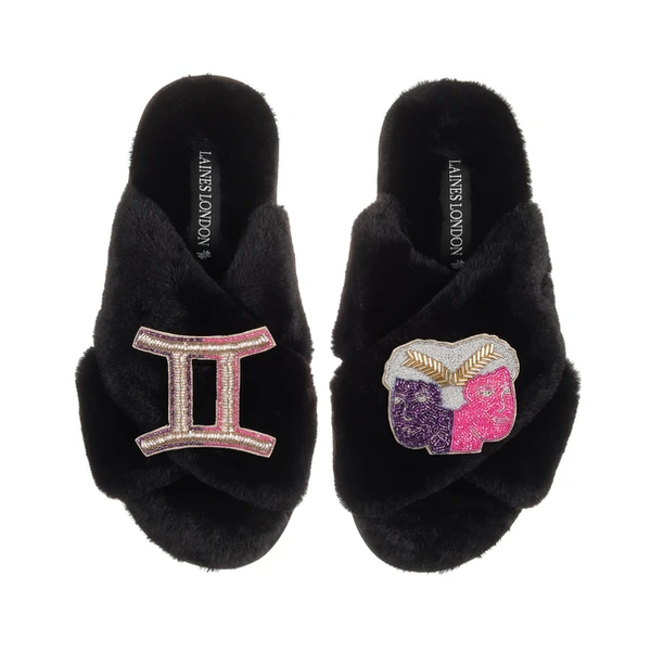 Laines London Classic Laines Slippers With Gemini Star Sign Brooches
