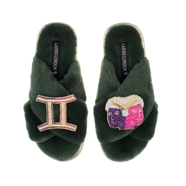 Laines London Classic Laines Slippers With Gemini Star Sign Brooches