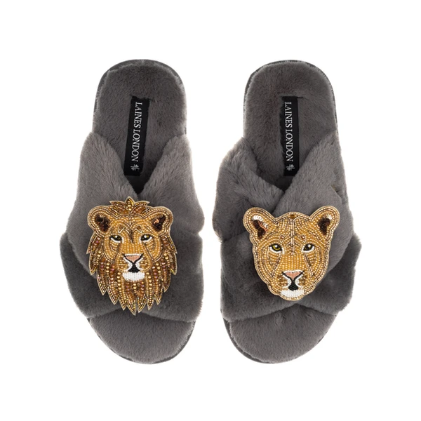Laines London Classic Laines Slippers With Gold Lioness & Lion Brooches
