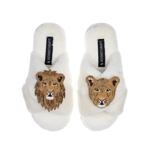 Laines London Classic Laines Slippers With Gold Lioness & Lion Brooches