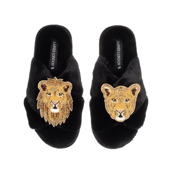 Laines London Classic Laines Slippers With Gold Lioness & Lion Brooches
