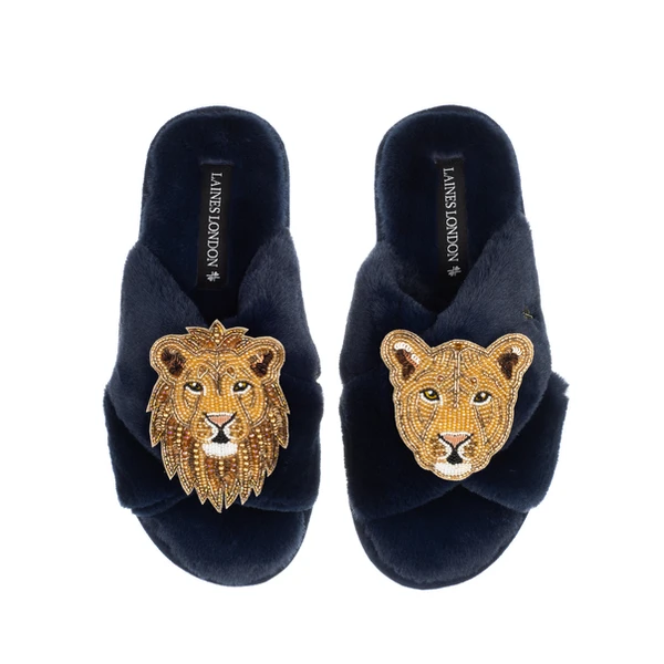 laines london Classic Laines Slippers With Gold Lioness & Lion Brooches laines london Classic Laines Slippers With Gold Lioness & Lion Brooches
