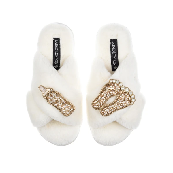 Laines London Classic Laines Slippers With Gold New Baby Brooches