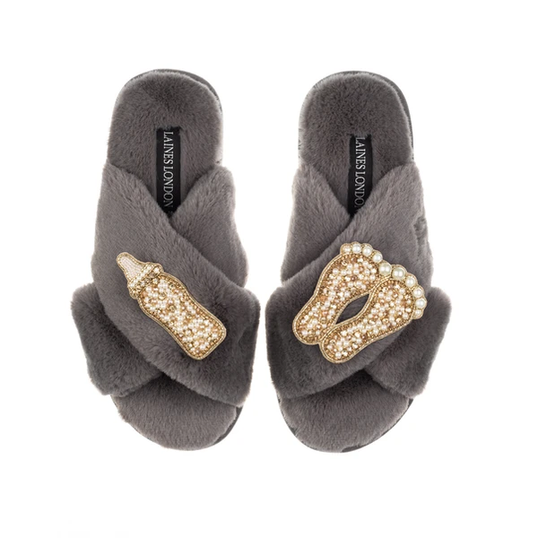 Laines London Classic Laines Slippers With Gold New Baby Brooches