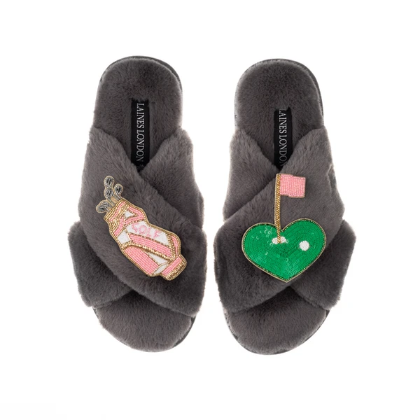Laines London Classic Laines Slippers With Golfer Brooches