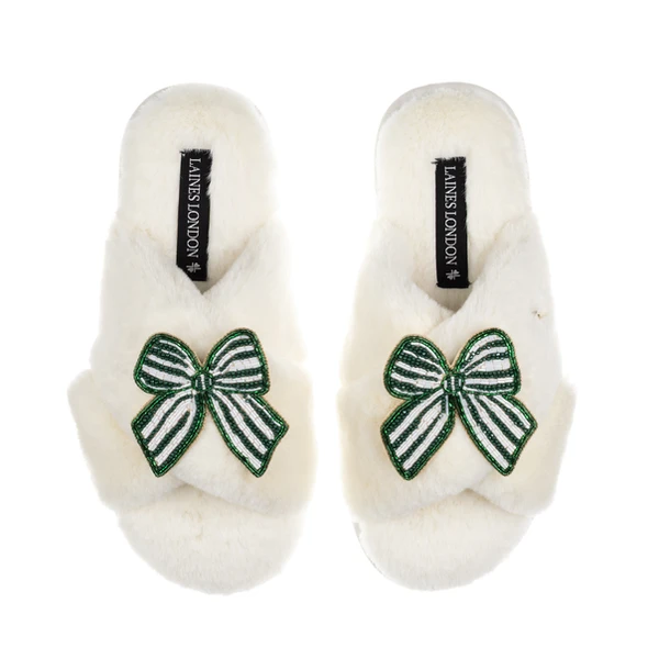 Laines London Classic Laines Slippers With Green Stripe Bow Brooches