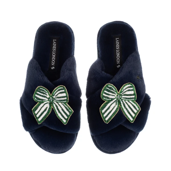 Laines London Classic Laines Slippers With Green Stripe Bow Brooches