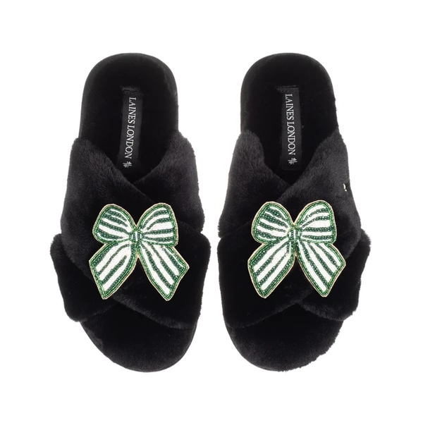Laines London Classic Laines Slippers With Green Stripe Bow Brooches