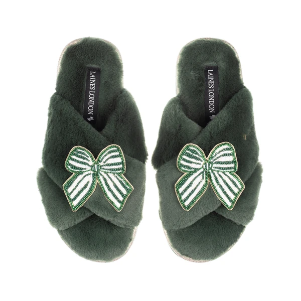 laines london Classic Laines Slippers With Green Stripe Bow Brooches