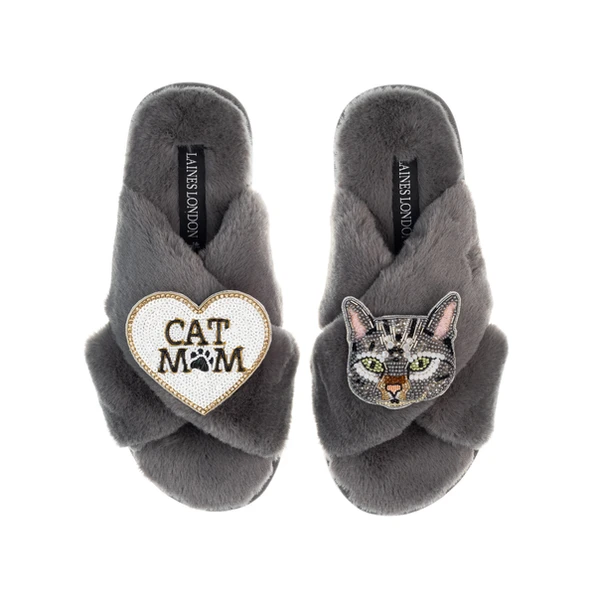 Laines London Classic Laines Slippers With Grey Pebbles Cat & Cat Mum / Mom Brooches