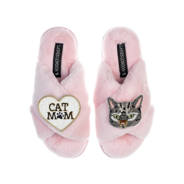 Laines London Classic Laines Slippers With Grey Pebbles Cat & Cat Mum / Mom Brooches