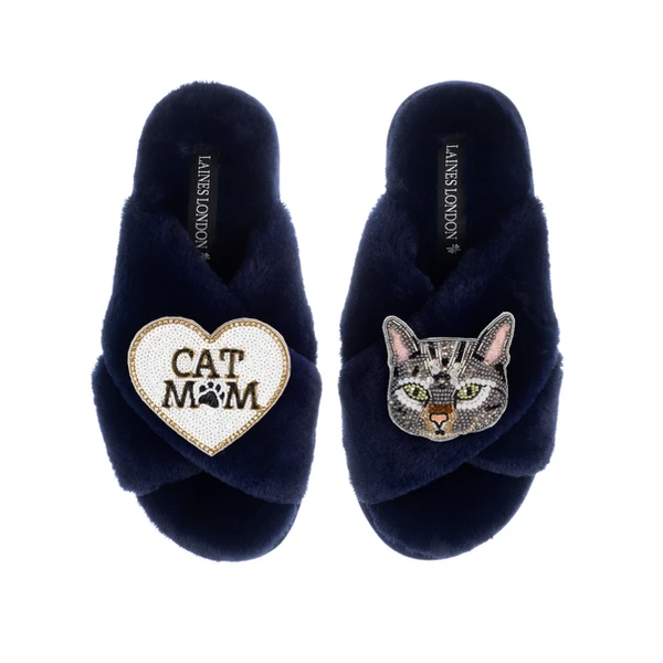 Laines London Classic Laines Slippers With Grey Pebbles Cat & Cat Mum / Mom Brooches