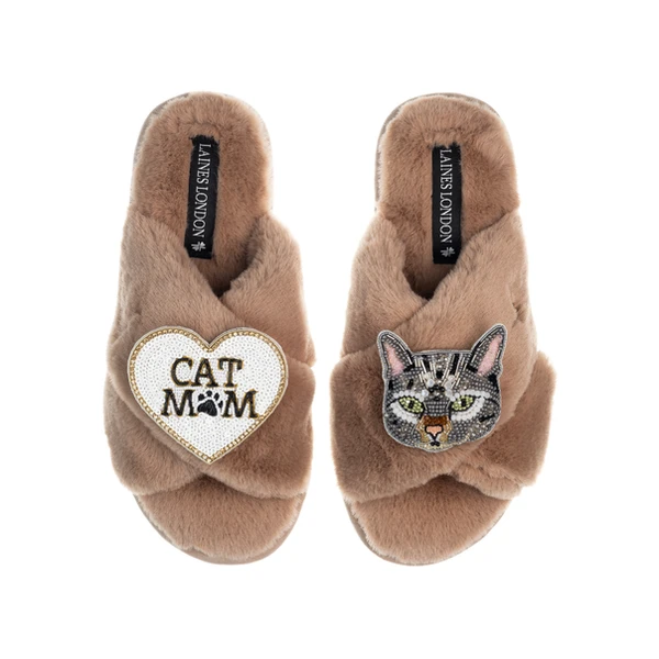 laines london Classic Laines Slippers With Grey Pebbles Cat & Cat Mum / Mom Brooches