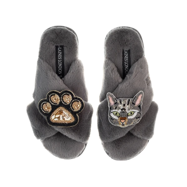 Laines London Classic Laines Slippers With Grey Pebbles Cat & Paw Brooches