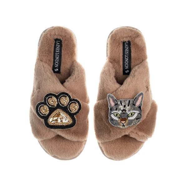Laines London Classic Laines Slippers With Grey Pebbles Cat & Paw Brooches