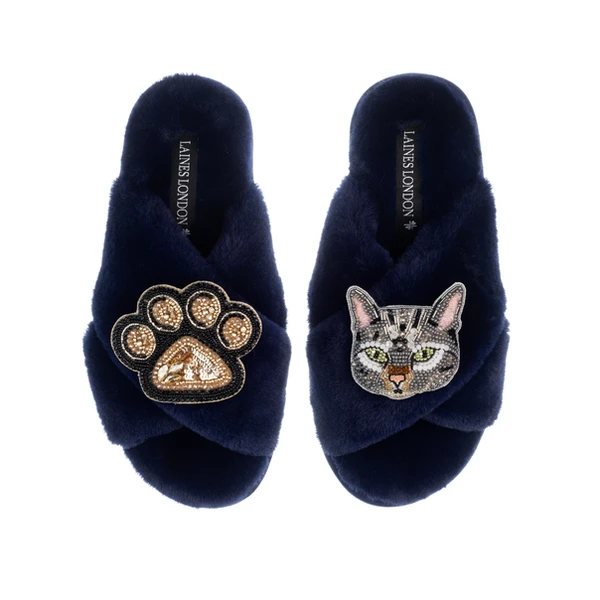 Laines London Classic Laines Slippers With Grey Pebbles Cat & Paw Brooches