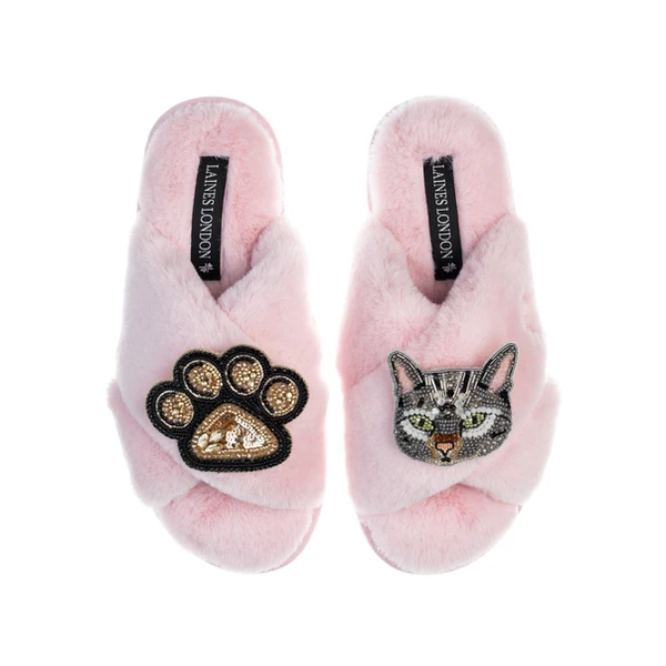 laines london Classic Laines Slippers With Grey Pebbles Cat & Paw Brooches