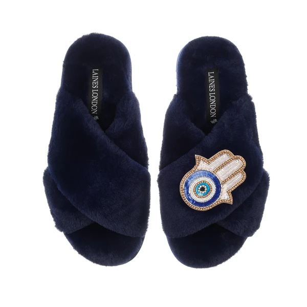 Laines London Classic Laines Slippers With Hamsa Hand Brooch