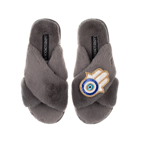 Laines London Classic Laines Slippers With Hamsa Hand Brooch