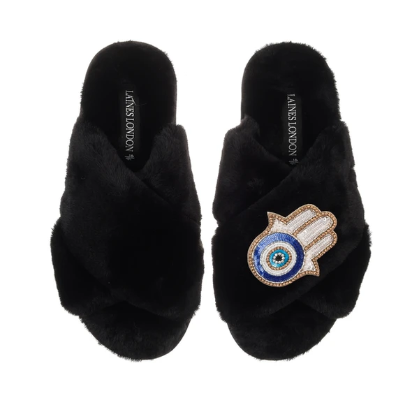 laines london Classic Laines Slippers With Hamsa Hand Brooch