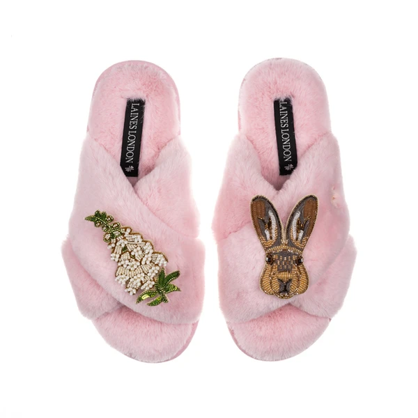 Laines London Classic Laines Slippers With Hare & White Foxglove Flowers Brooches
