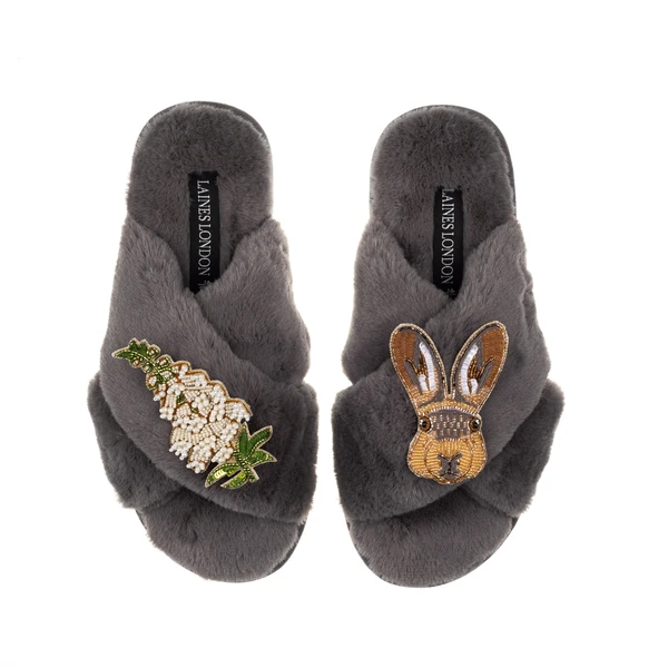 Laines London Classic Laines Slippers With Hare & White Foxglove Flowers Brooches