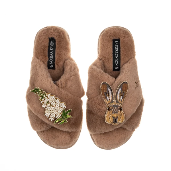 Laines London Classic Laines Slippers With Hare & White Foxglove Flowers Brooches