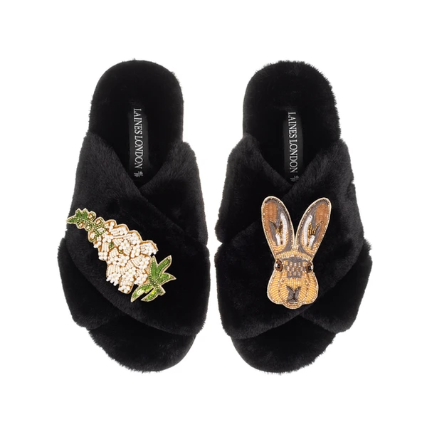 laines london Classic Laines Slippers With Hare & White Foxglove Flowers Brooches
