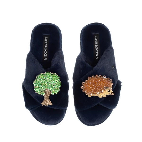 Laines London Classic Laines Slippers With Hedgehog & Oak Tree Brooches