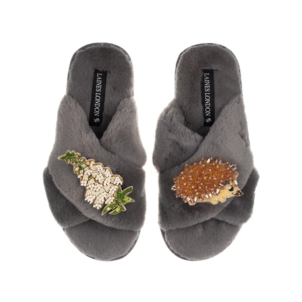 Laines London Classic Laines Slippers With Hedgehog & White Foxglove Flowers Brooches
