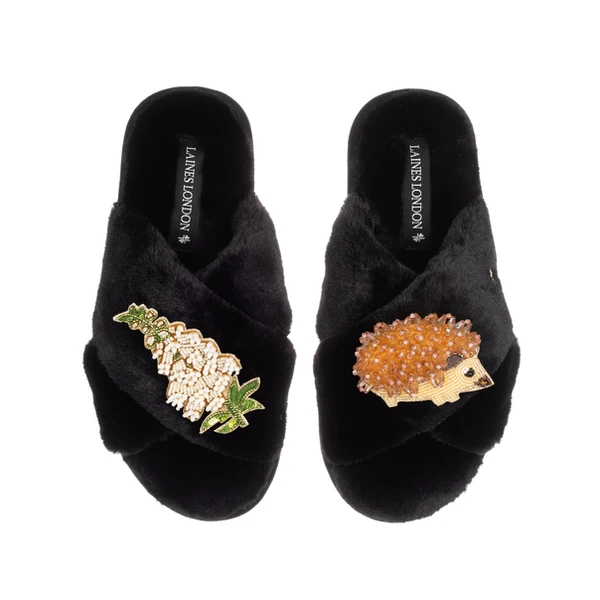 Laines London Classic Laines Slippers With Hedgehog & White Foxglove Flowers Brooches