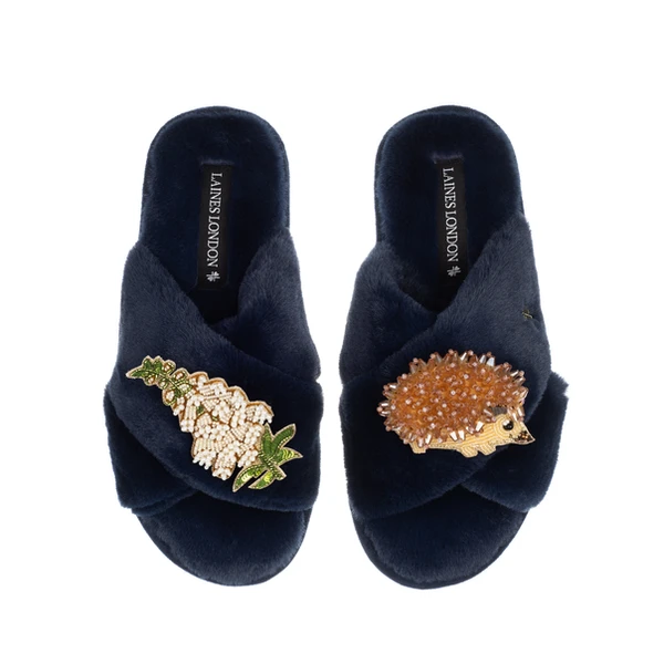 Laines London Classic Laines Slippers With Hedgehog & White Foxglove Flowers Brooches