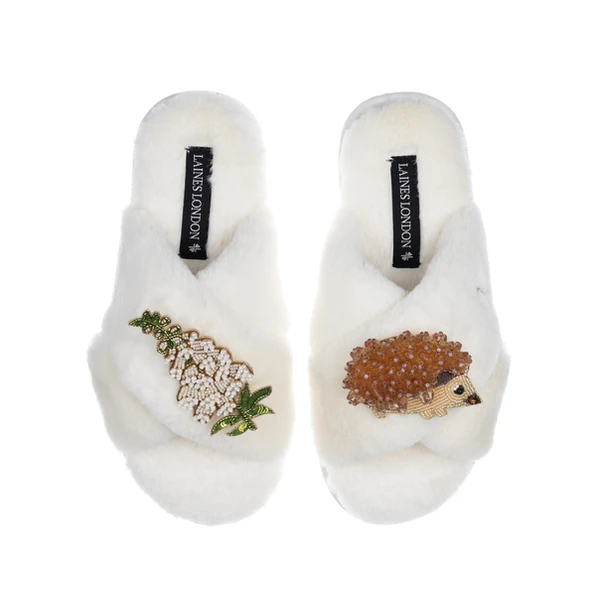 laines london Classic Laines Slippers With Hedgehog & White Foxglove Flowers Brooches