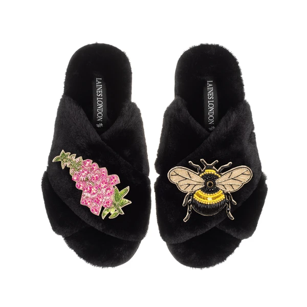 Laines London Classic Laines Slippers With Honey Bee & Pink Foxglove Flowers Brooches