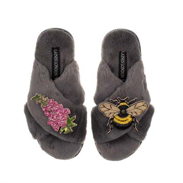 Laines London Classic Laines Slippers With Honey Bee & Pink Foxglove Flowers Brooches