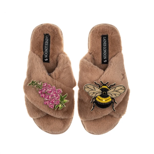 Laines London Classic Laines Slippers With Honey Bee & Pink Foxglove Flowers Brooches