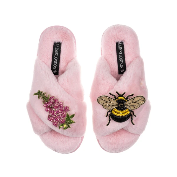 laines london Classic Laines Slippers With Honey Bee & Pink Foxglove Flowers Brooches