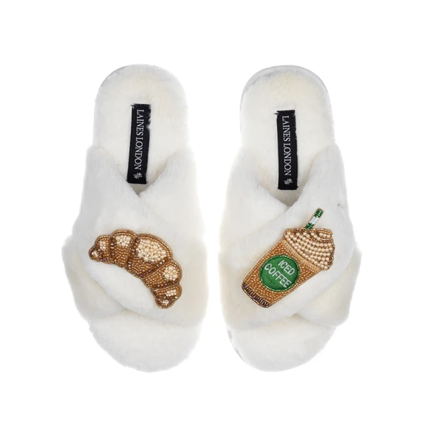 Laines London Classic Laines Slippers With Iced Coffee & Croissant Brooches