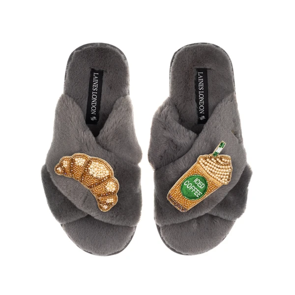 Laines London Classic Laines Slippers With Iced Coffee & Croissant Brooches