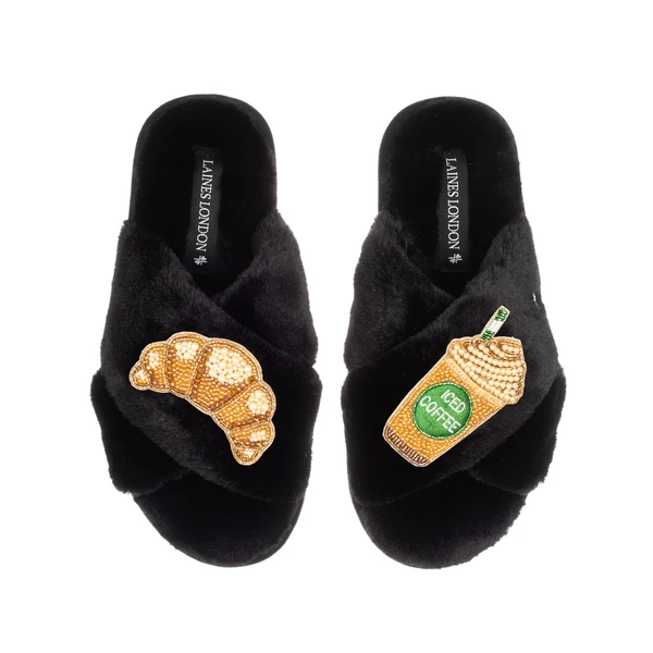 Laines London Classic Laines Slippers With Iced Coffee & Croissant Brooches