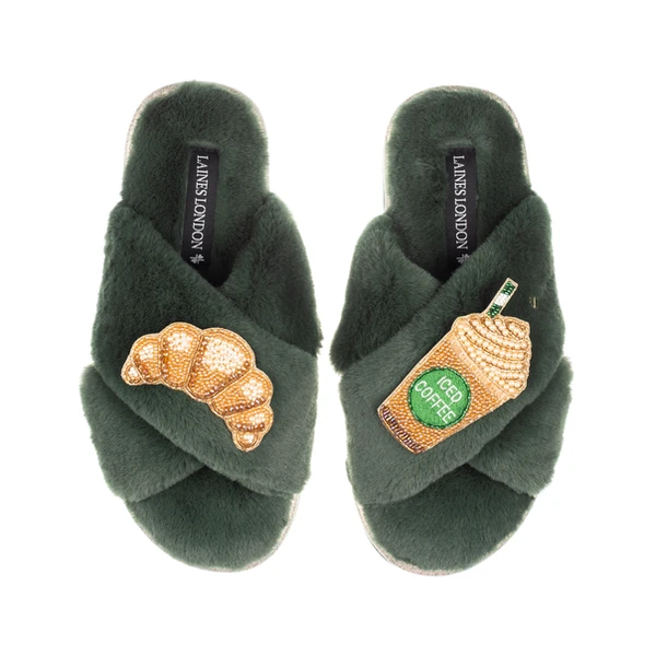 laines london Classic Laines Slippers With Iced Coffee & Croissant Brooches