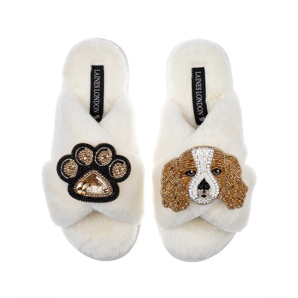 Laines London Classic Laines Slippers With Lady The King Charles & Paw Brooches