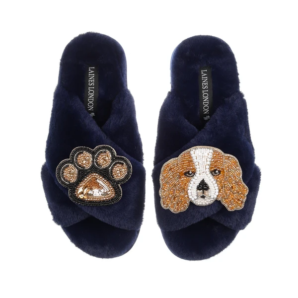 Laines London Classic Laines Slippers With Lady The King Charles & Paw Brooches