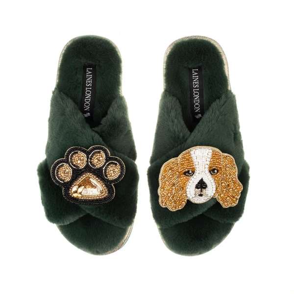Laines London Classic Laines Slippers With Lady The King Charles & Paw Brooches