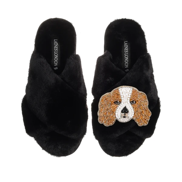 Laines London Classic Laines Slippers With Lady The King Charles Brooch