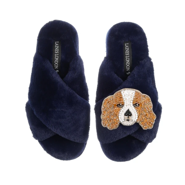 Laines London Classic Laines Slippers With Lady The King Charles Brooch