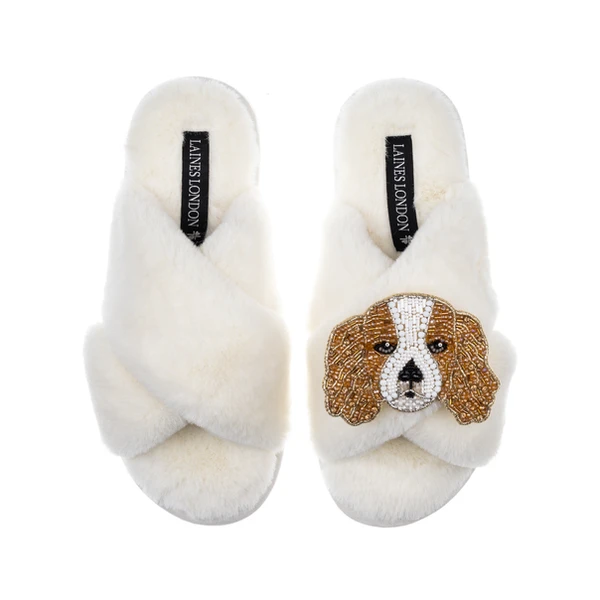Laines London Classic Laines Slippers With Lady The King Charles Brooch