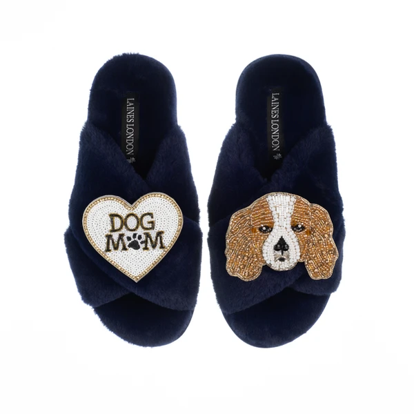 Laines London Classic Laines Slippers With Lady The King Charles & Dog Mum / Mom Brooches