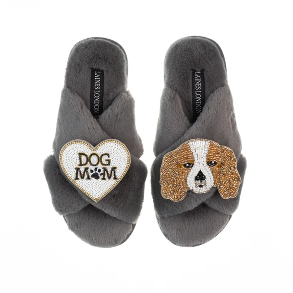 Laines London Classic Laines Slippers With Lady The King Charles & Dog Mum / Mom Brooches