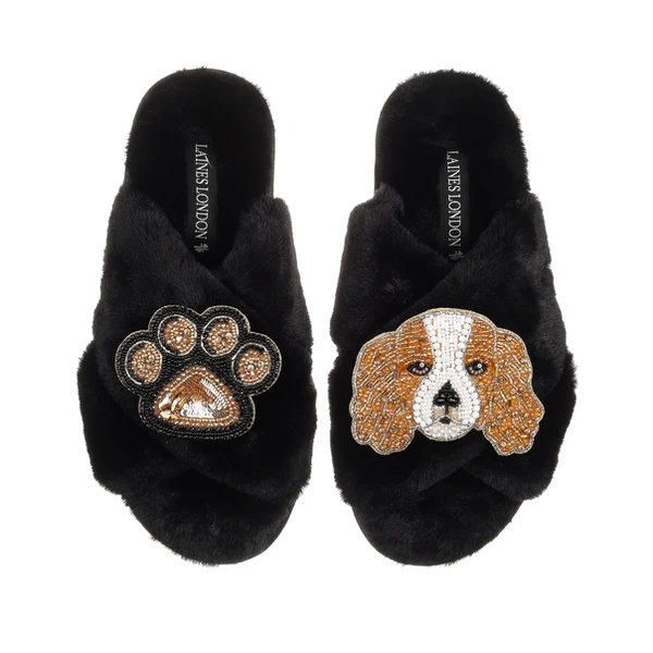 laines london Classic Laines Slippers With Lady The King Charles & Paw Brooches
